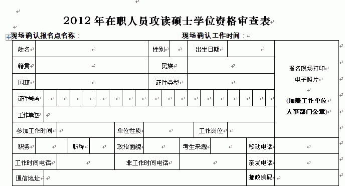 2012年在职人员攻读硕士学位资格审查表
